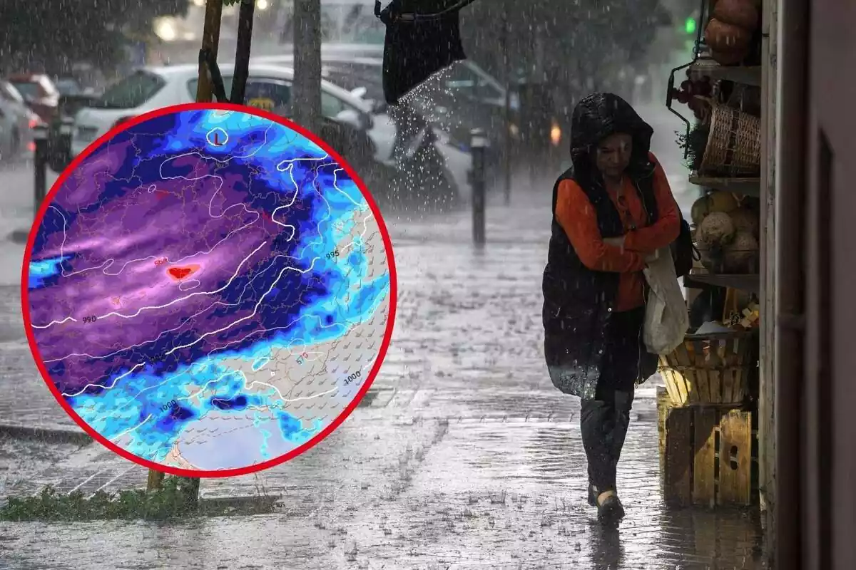 Montaje con una mujer andando por la calle en pleno temporal de lluvia y un círculo con el radar de precipitaciones