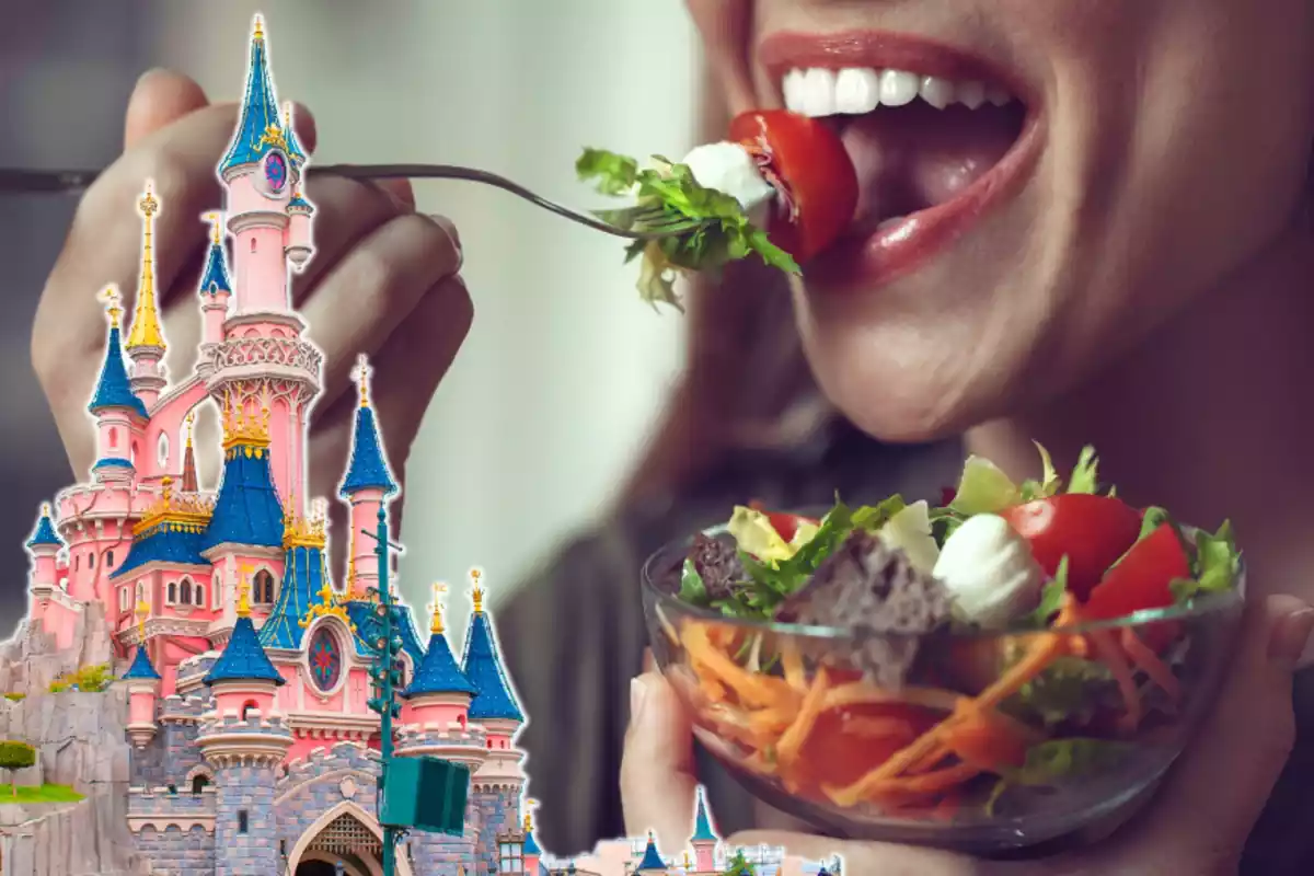 Montaje con una mujer comiendo una ensalada y el castillo rosa y azul de Disney