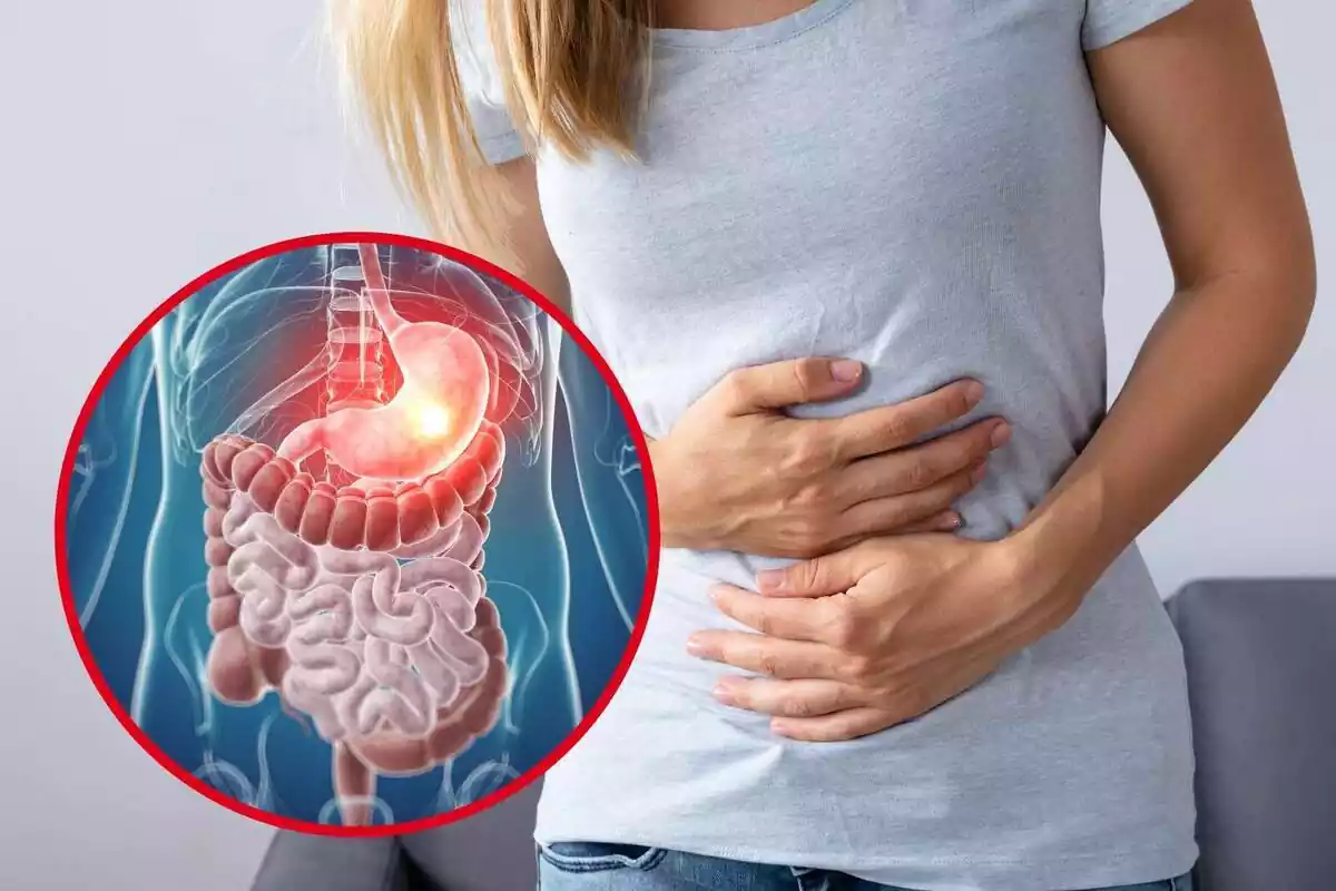 Montaje con una mujer con las manos en la barriga y un círculo con una imagen del sistema intestinal