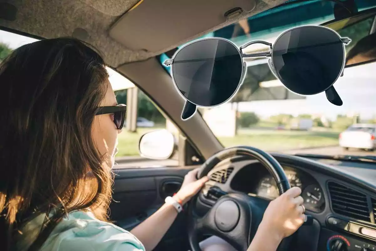Montaje de una mujer conduciendo y unas gafas de sol