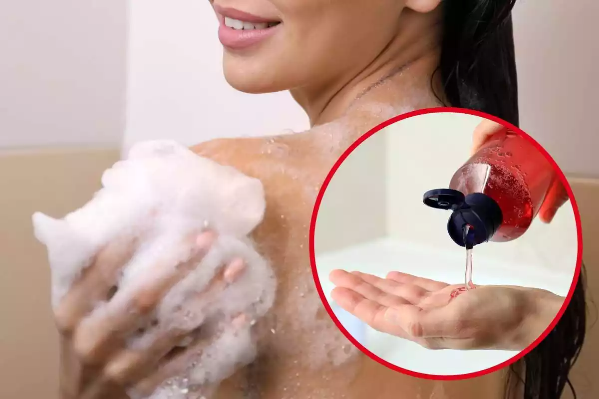 Montaje con una mujer lavándose el cuerpo con una esponja con espuma y un círculo con una mano con gel de ducha