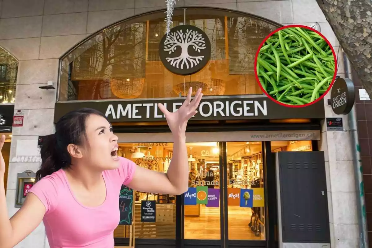 Montaje de una mujer enfadada con la tienda "Ametller Origen" de fondo y una foto de judías verdes