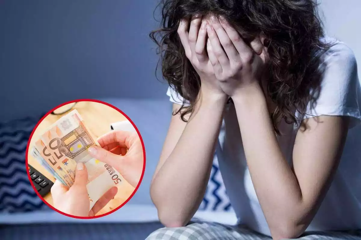 Montaje de una mujer estresada sin poder dormir y una imagen de dinero
