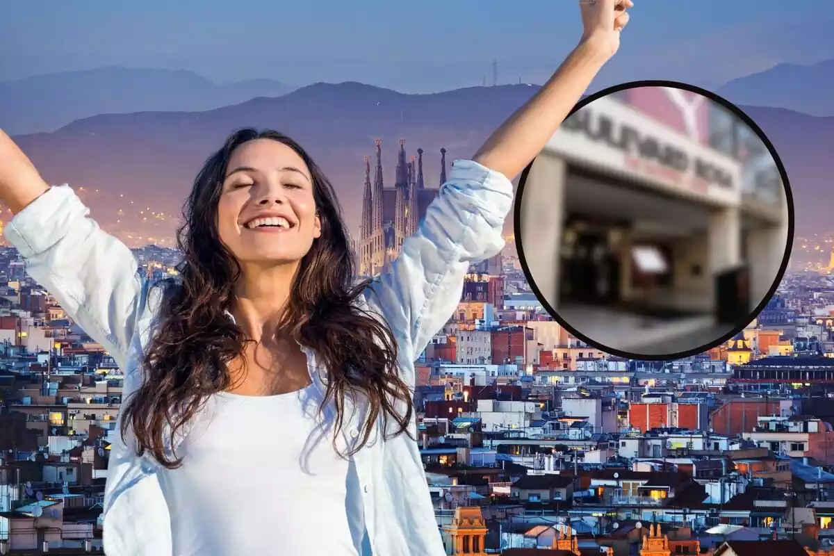 Montaje de una mujer feliz con las manos en alto, al lado de un recorte de una tienda de Barcelona y al fondo la ciudad iluminada en la noche y con la Sagrada Familia