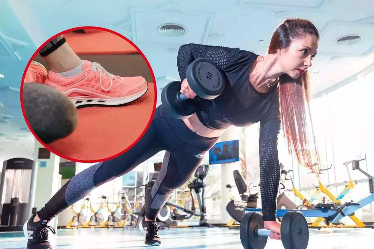 Montaje de una mujer haciendo ejercicio con unas pesas y una imagen de unas zapatillas
