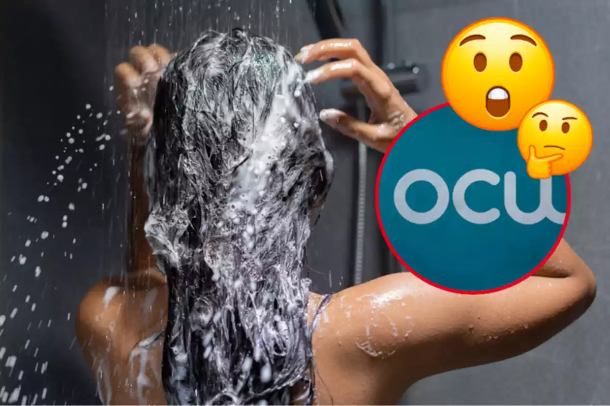 Montaje con una mujer de espaldas lavándose el pelo con champú, un círculo con el logo de la OCU y dos emojis, uno con cara de sorpresa y otro pensativo