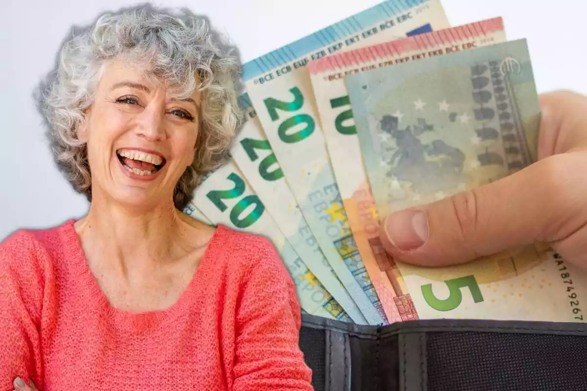 Montaje con una mujer algo mayor sonriendo y billetes de euro en una cartera