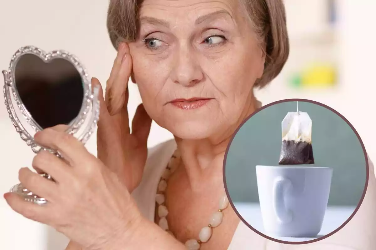 Montaje con una mujer mayor mirándose en un espejo pequeño y un círculo con una taza y una bolsa de té