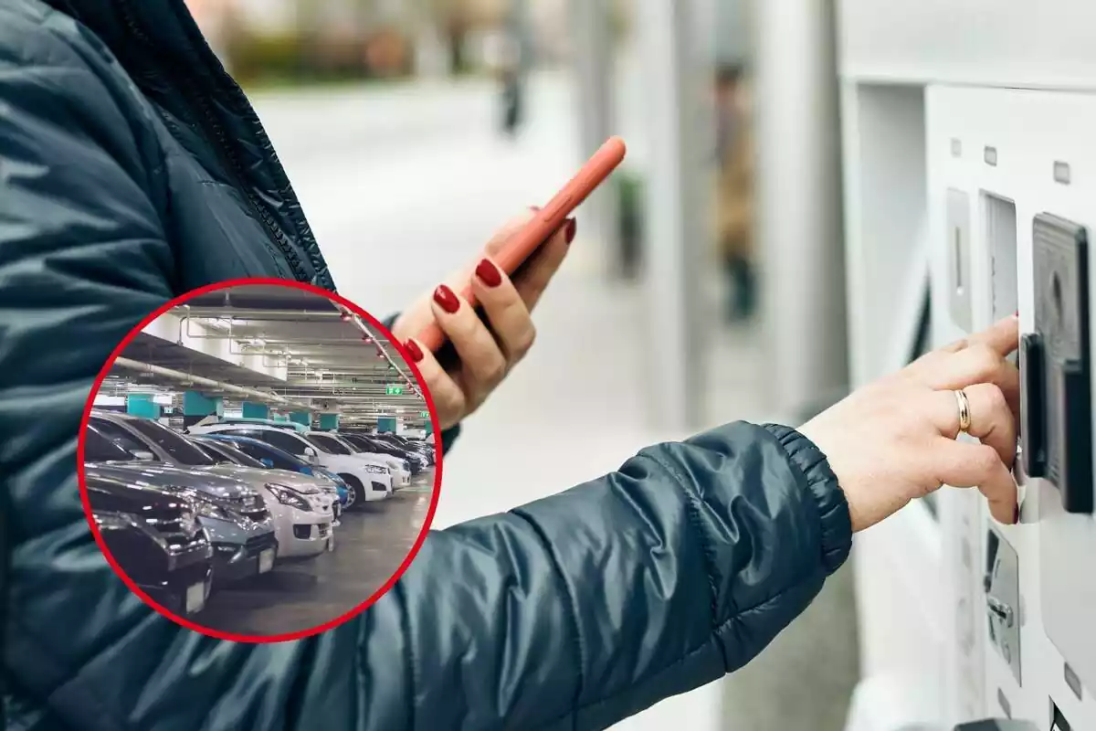 Montaje de una mujer pagando el ticket del coche y en la izquierda imagen de un párking lleno de coches