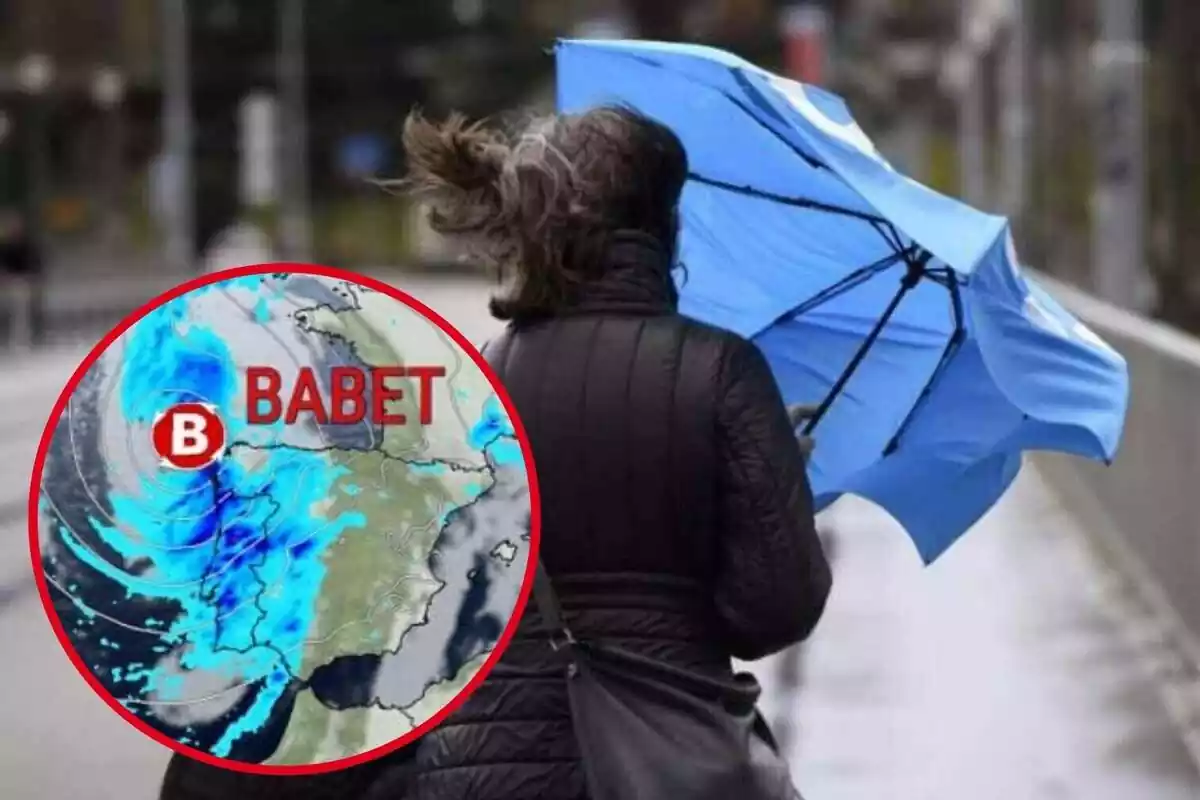 Montaje con una mujer por la calle con un paraguas en pleno temporal de lluvia y viento y un círculo con el mapa radar de la borrasca Babet