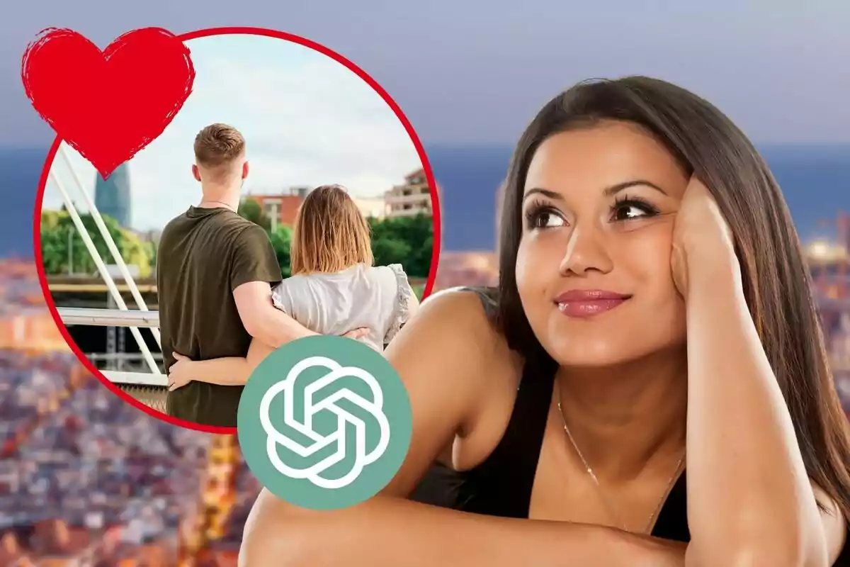 Montaje de una chica mirando a una pareja, con un corazón y el logo de chat GPT