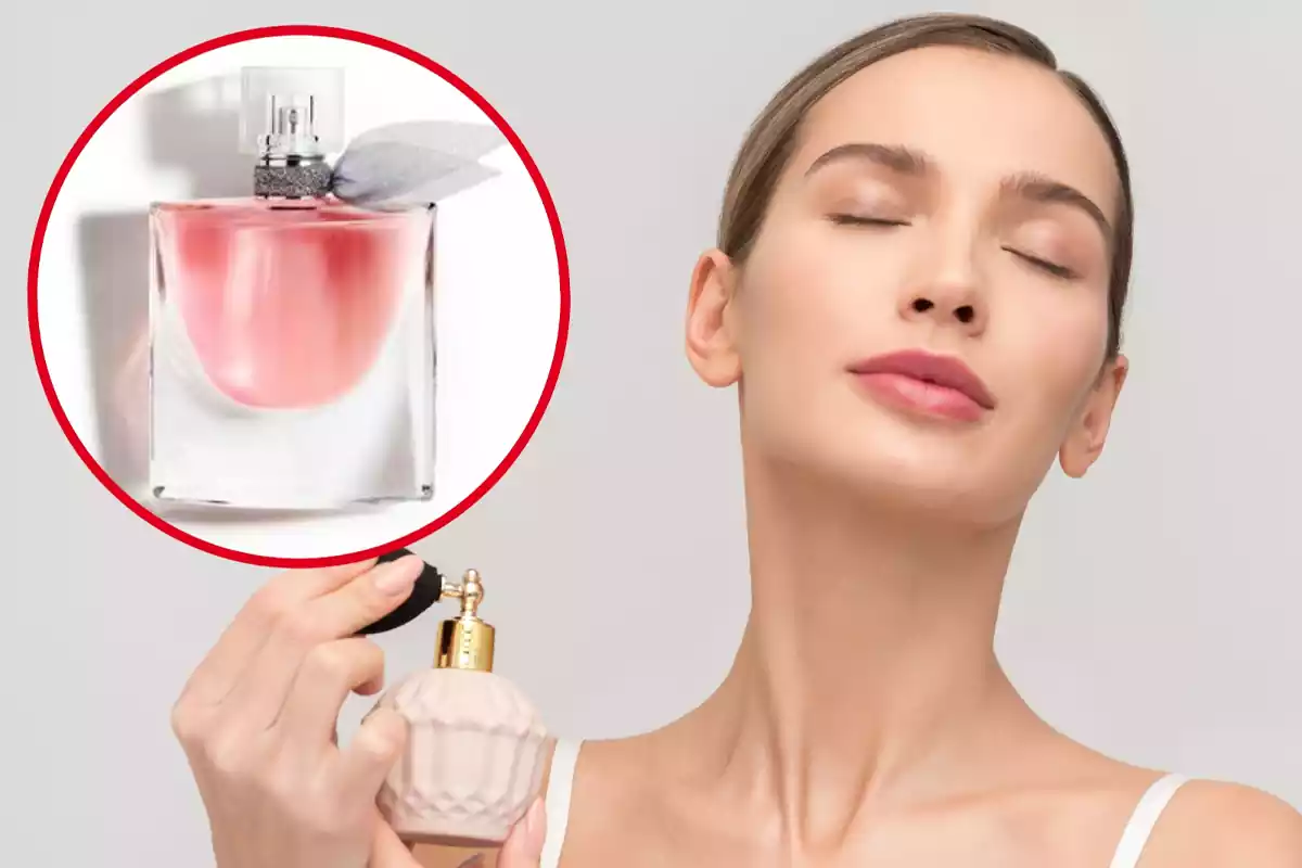 Montaje con una mujer con los ojos cerrados echándose perfume en el cuello y un círculo con la fragancia La Vie Est Belle de Lancome