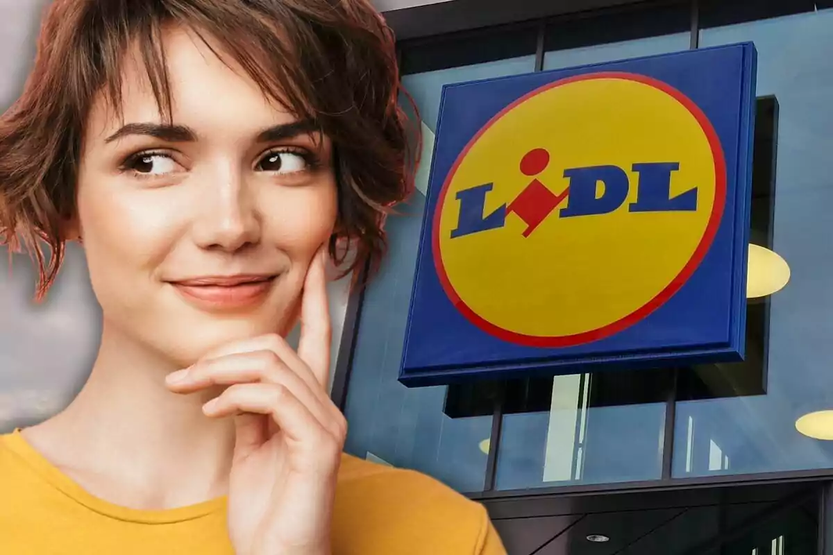 Una mujer sonriente con el logo de Lidl al fondo.