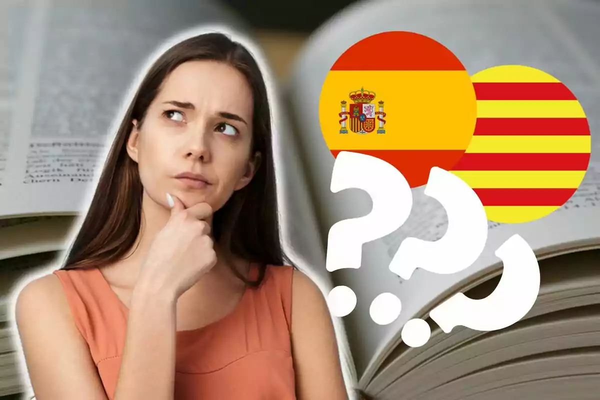 Montaje de una mujer pensando, con la bandera de España y Cataluña al lado y unos interrogantes