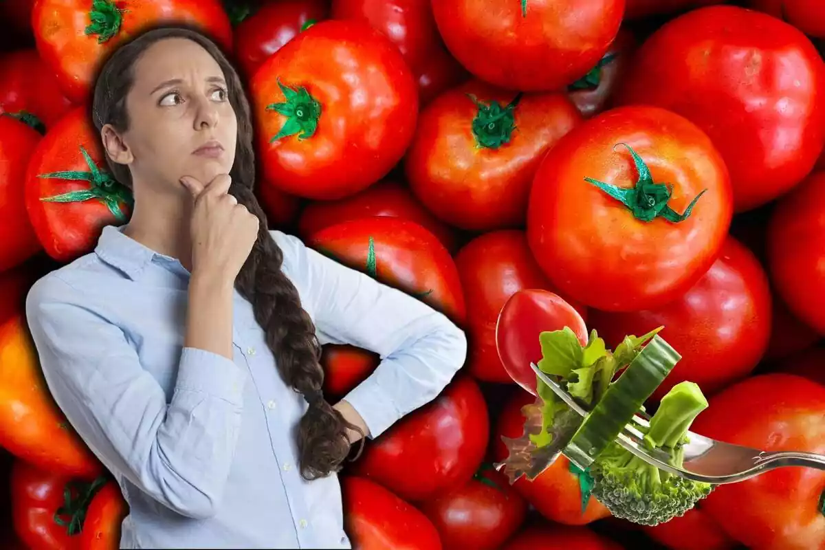 Montaje de una mujer pensativa en un fondo lleno de tomates y con un tenedor lleno de verduras