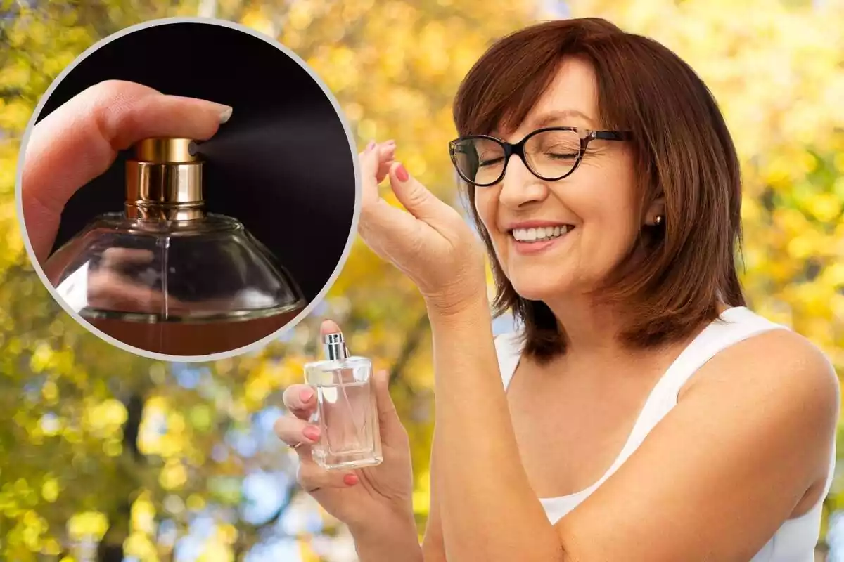 Montaje con una mujer oliendo una fragancia y un círculo con un dedo presionando un bote de perfume