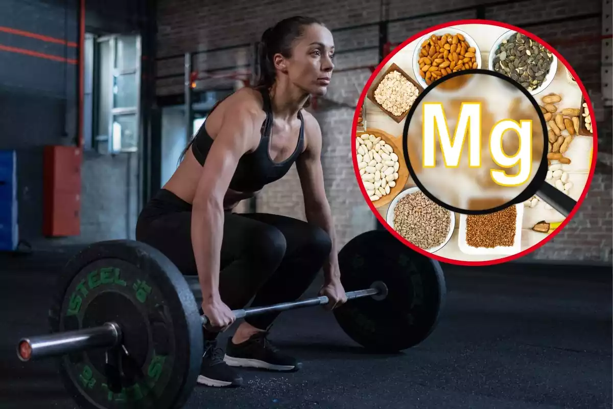 Montaje con una mujer en un gimnasio cogiendo unas pesas y un círculo con varios alimentos si el símbolo del magnesio