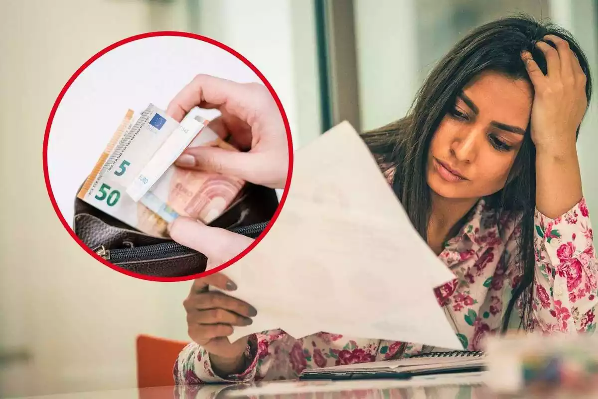 Montaje de una chica preocupada mirando unas hojas junto a la imagen de una cartera con dinero