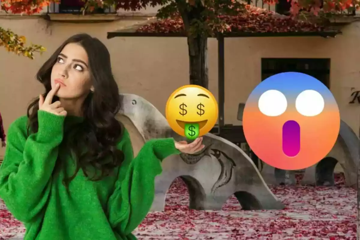 Una mujer con suéter verde está pensativa mientras sostiene un emoji de cara con signos de dólar y otro emoji sorprendido en un entorno otoñal.