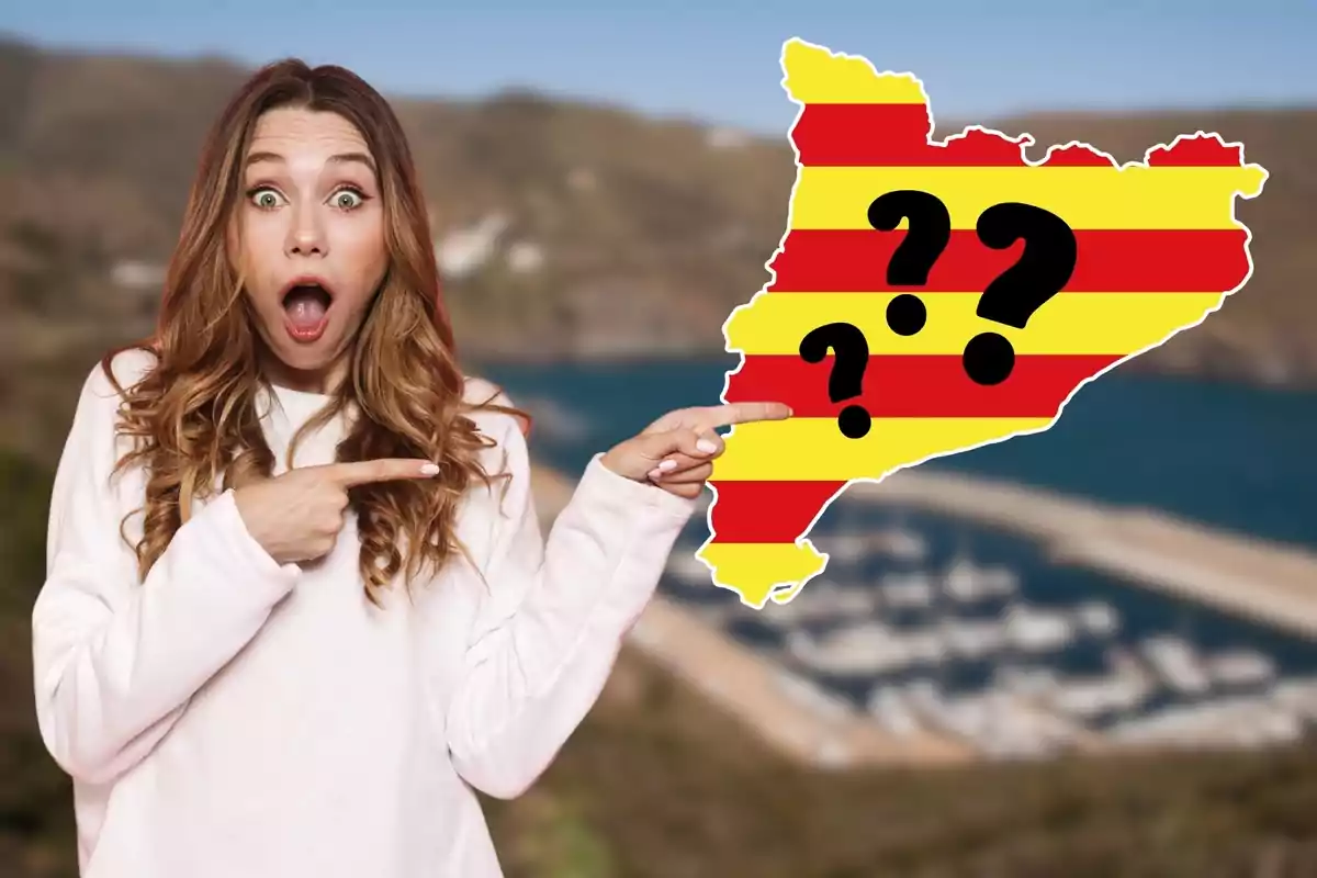 Mujer sorprendida señalando un mapa con los colores de la bandera catalana y signos de interrogación.