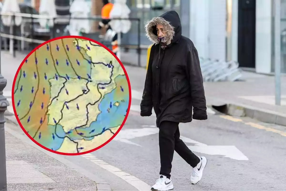 Montaje con una mujer andando por la calle tapada con un abrigo con capucha y un círculo con el mapa de previsión de vientos de la AEMET