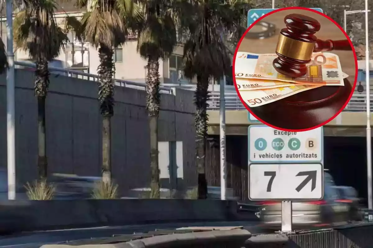 Montaje con calle de Barcelona con cartel de Zona de Bajas Emisiones y círculo con martillo de juez sobre billetes de 50 euros