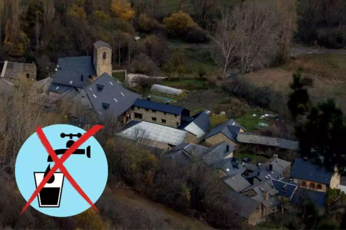 Montaje del municipio de Sorpe, un grifo con un vaso de agua y una cruz roja encima