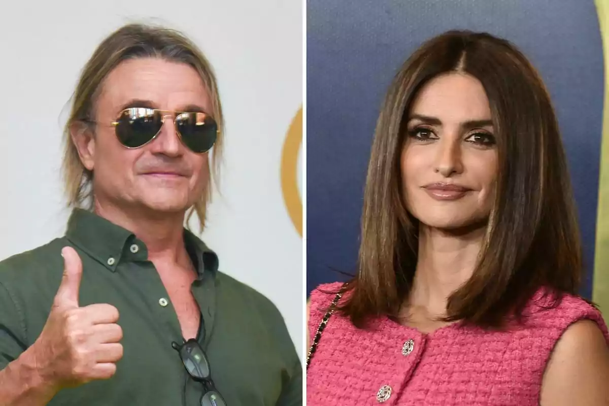 Nacho Cano y Penélope Cruz posando, Nacho con gafas de sol y camisa verde haciendo un gesto de aprobación con el pulgar hacia arriba, y Penélope con cabello suelto y vestido rosa.