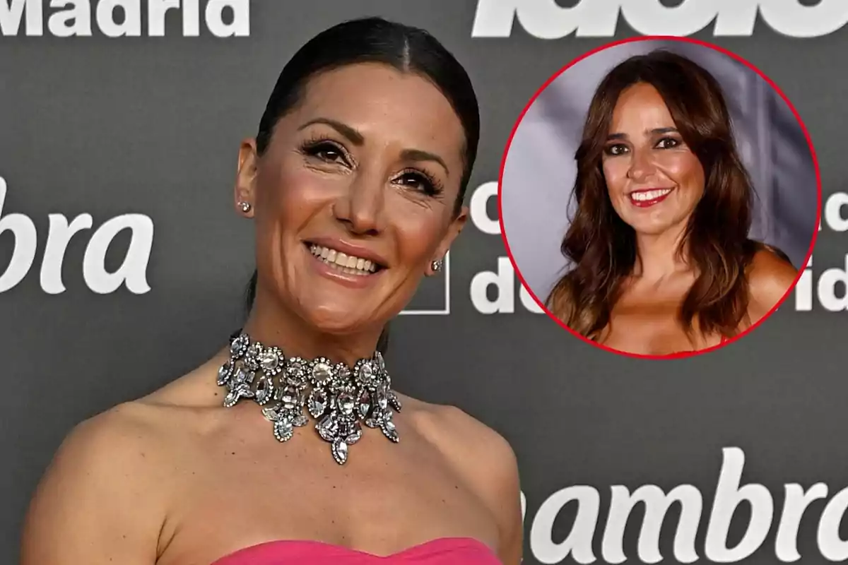 Nagore Robles y Carmen Alcayde sonrientes posan en un evento, Nagore en primer plano con un vestido rosa y un collar llamativo, y Carmen en un recuadro circular en la esquina superior derecha.