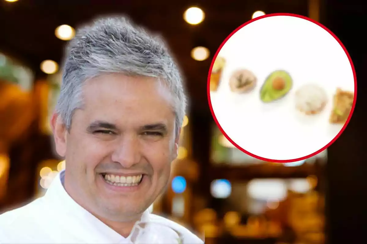 Un hombre sonriente con cabello canoso en un entorno interior con luces difusas y un círculo rojo que muestra alimentos desenfocados.