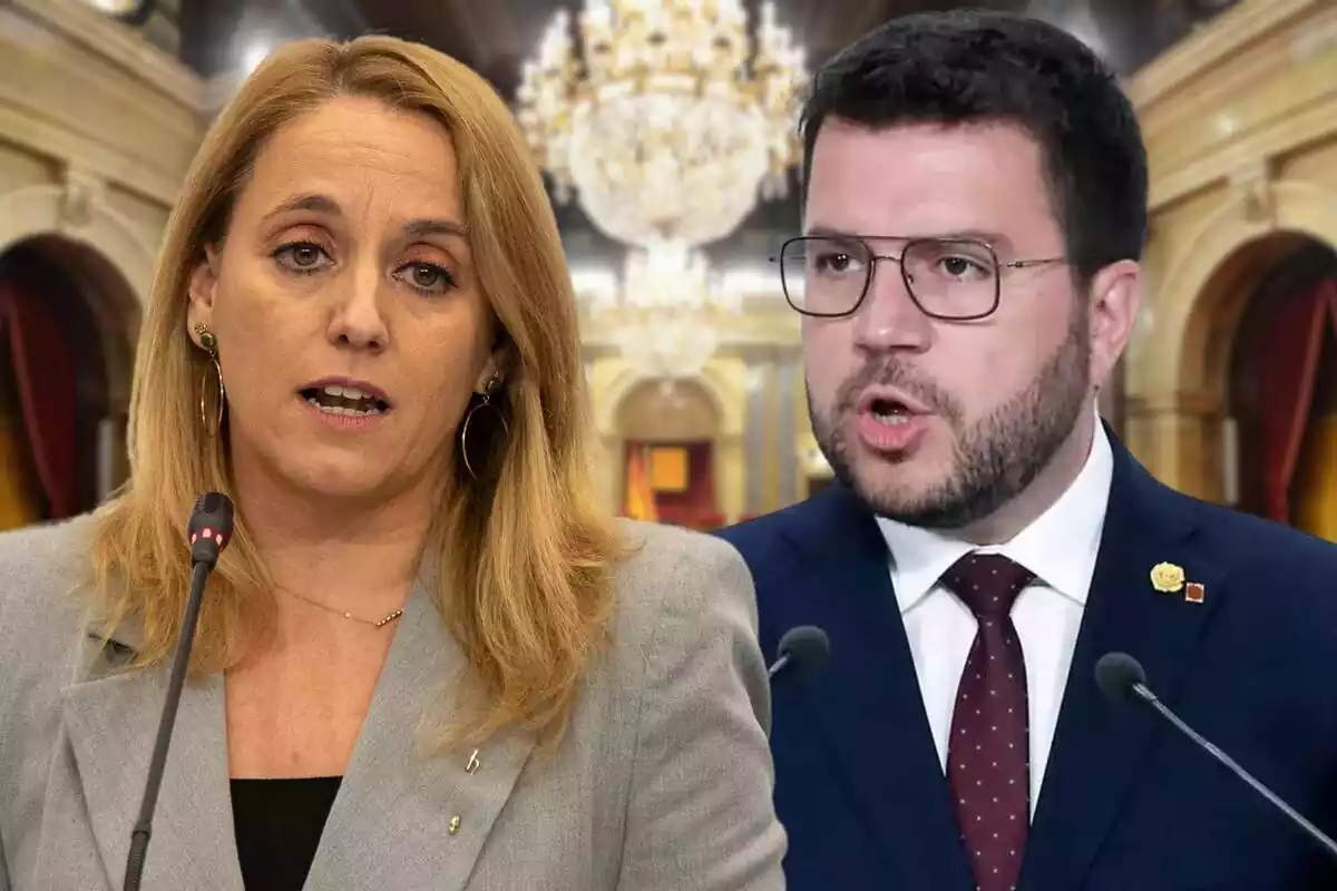 Montaje de Natalia Mas y Pere Aragonès con el Parlament de fondo