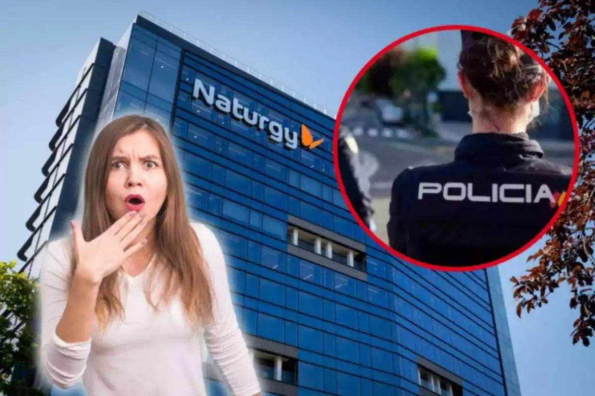 La sede de Naturgy, con una mujer con la cara de asombro y en el círculo, una mujer policía de espaldas