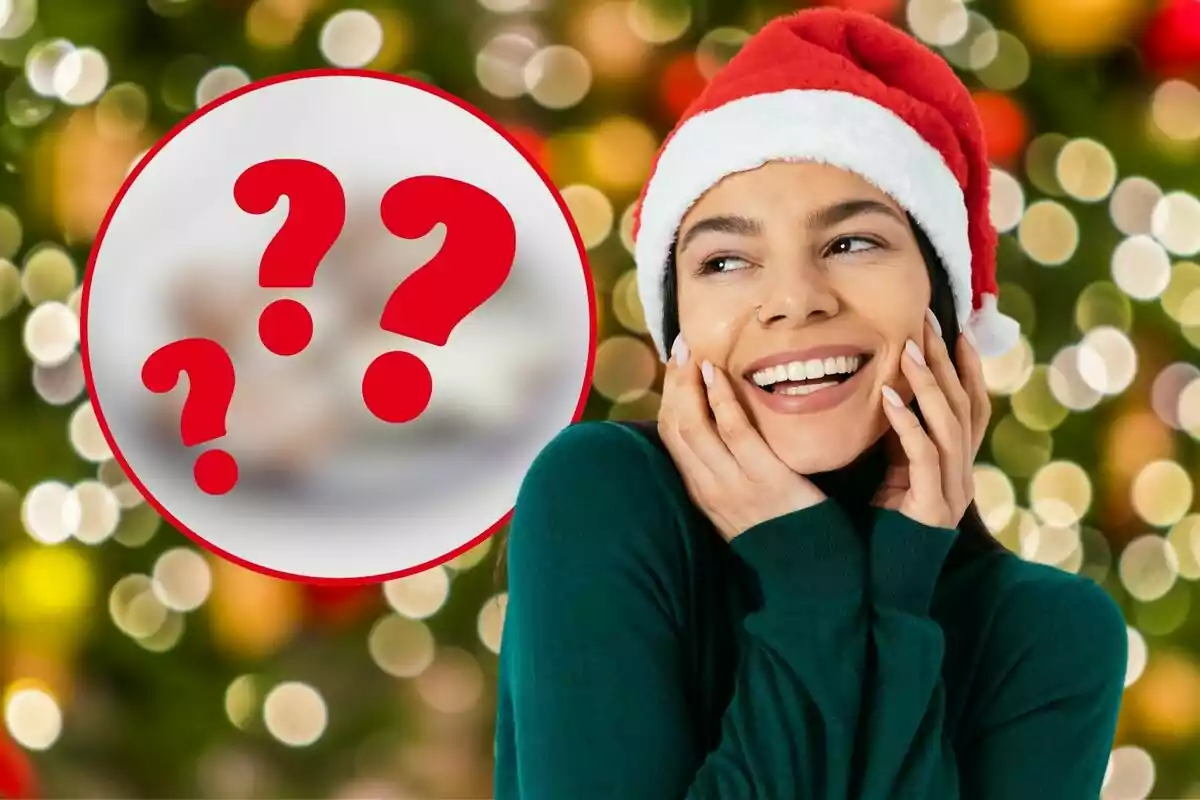 Una persona sonriente con gorro de Santa Claus y fondo de luces navideñas junto a un círculo con signos de interrogación rojos.