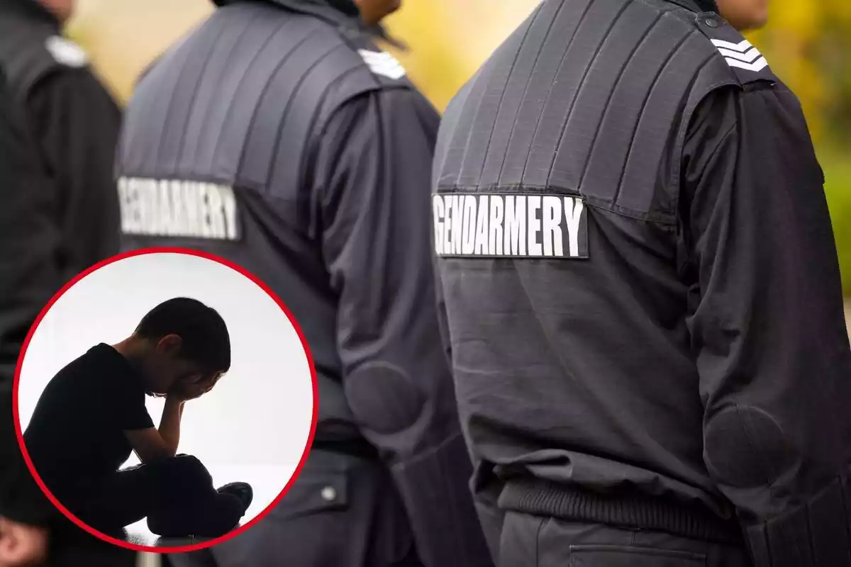 Montaje de agentes de la Gendarmerie de espaldas y círculo con niño abandonado tapándose la cara con las manos