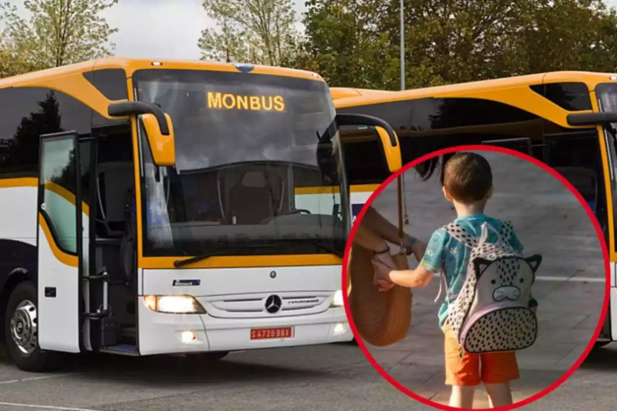 Montaje de un autobús y un niño pequeño de espaldas