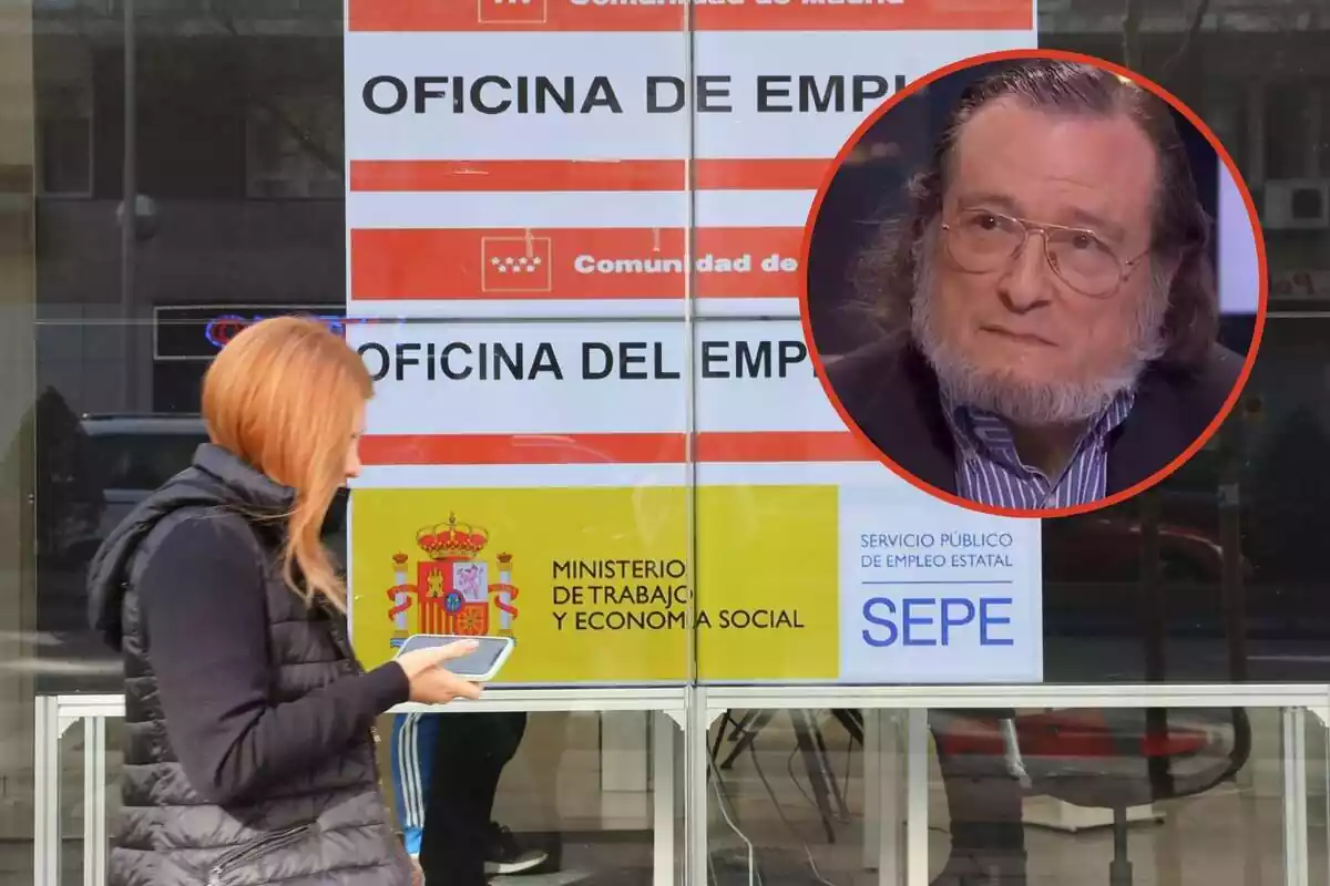 Una mujer pasa por delante de una oficina del SEPE, con Santiago Niño Becerra en un círculo