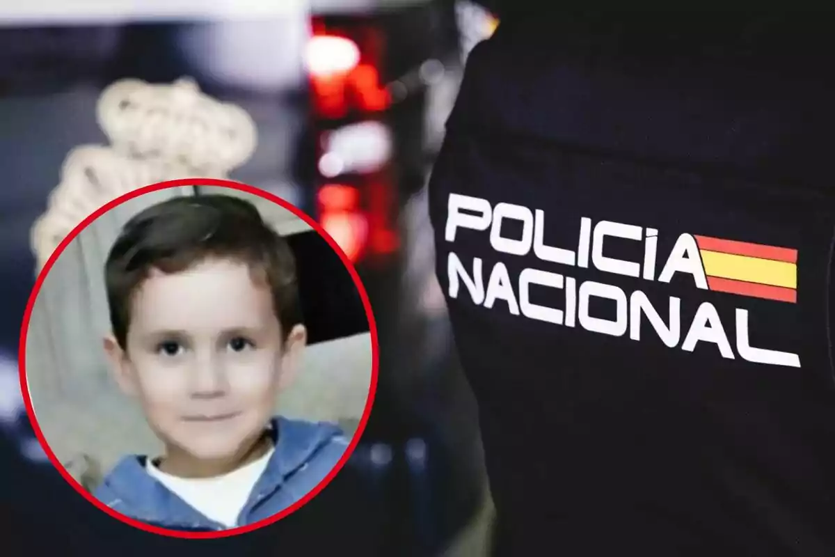 Un niño enmarcado en un círculo rojo junto a un uniforme de la Policía Nacional.