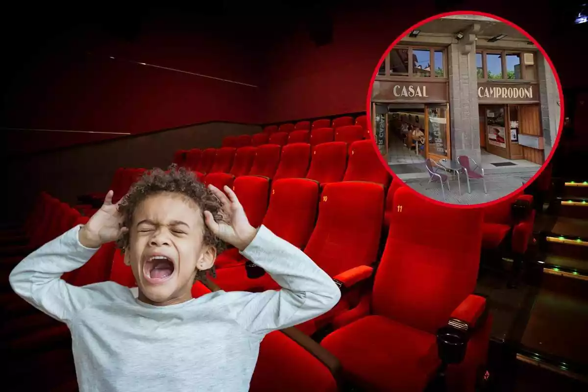 Montaje de niño gritando desesperado en una sala de cine y círculo con la entrada del Casal Camprodoní