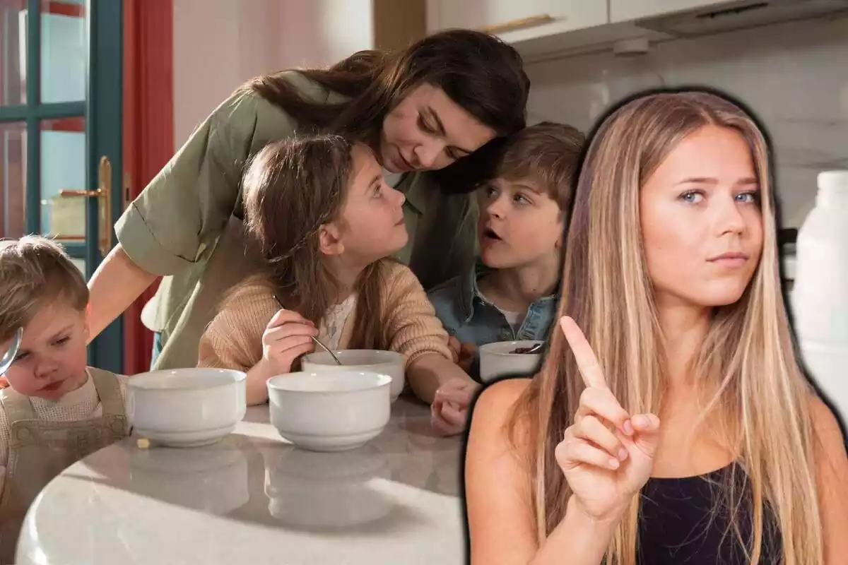 Montaje de unos niños comiendo con su madre y una chica diciendo 'no' con el dedo