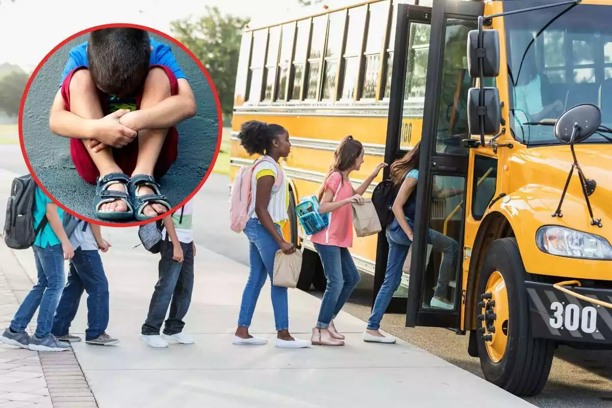 Montaje de unos niños subiendo a un autobús escolar y un niño con la cabeza entre las piernas