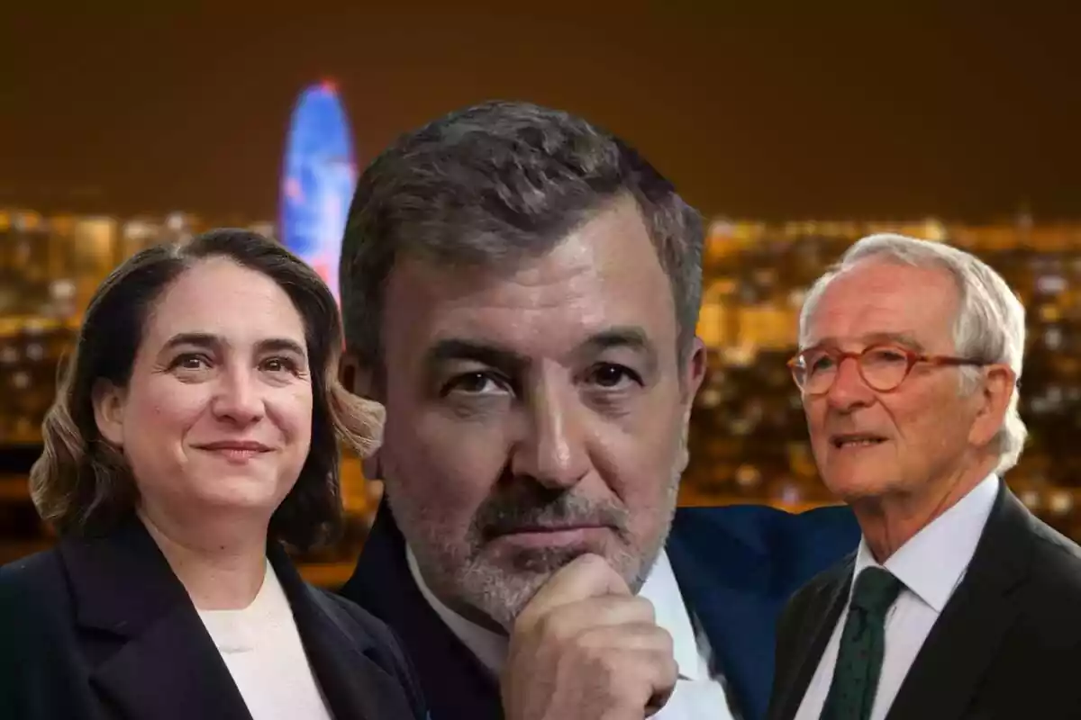 Montaje de Jaume Collboni, Ada Colau y Xavier Trias sobre un fondo de Barcelona de noche difuminado