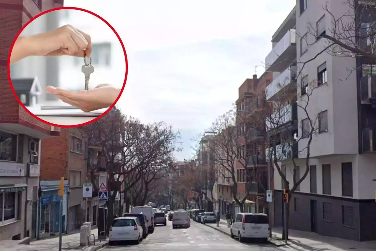 Montaje del distrito de Nou Barris en Barcelona y círculo con una mano entregando las llaves de un piso