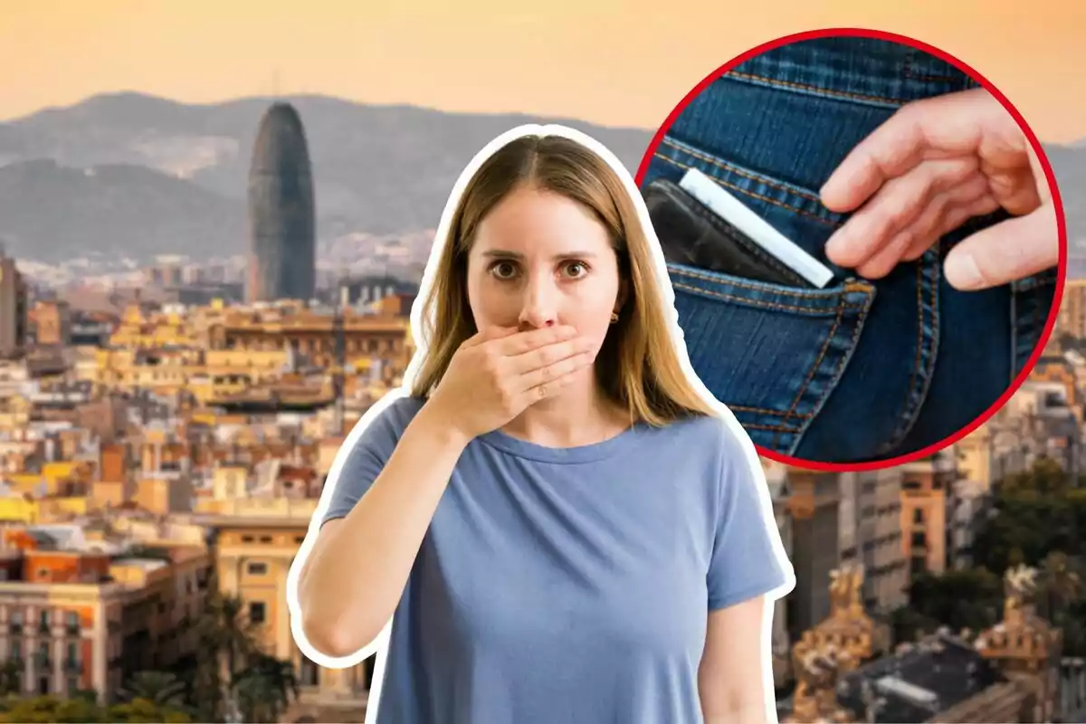 Mujer sorprendida cubriéndose la boca con la mano sobre un fondo de ciudad y un círculo que muestra una mano robando una billetera de un bolsillo trasero de pantalón de mezclilla