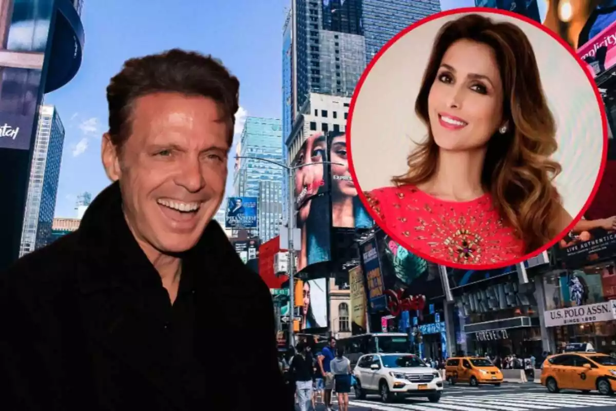 Montaje con la ciudad de Nueva York al fondo, Luis Miguel riendo y Paloma Cuevas con un vestido rosa con brillantes