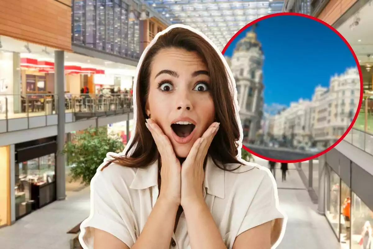 Mujer sorprendida en un centro comercial con una imagen borrosa de una ciudad en un círculo rojo.