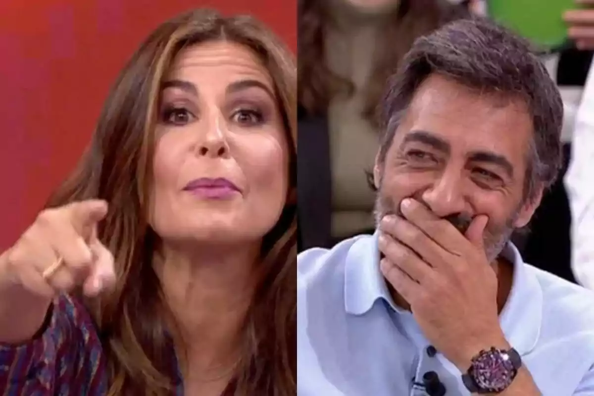 Nuria Roca con gesto enfadada y señalando con el dedo a la izquierda con Juan del Val nervioso con la mano en la cara a la derecha, ambos en La Roca.