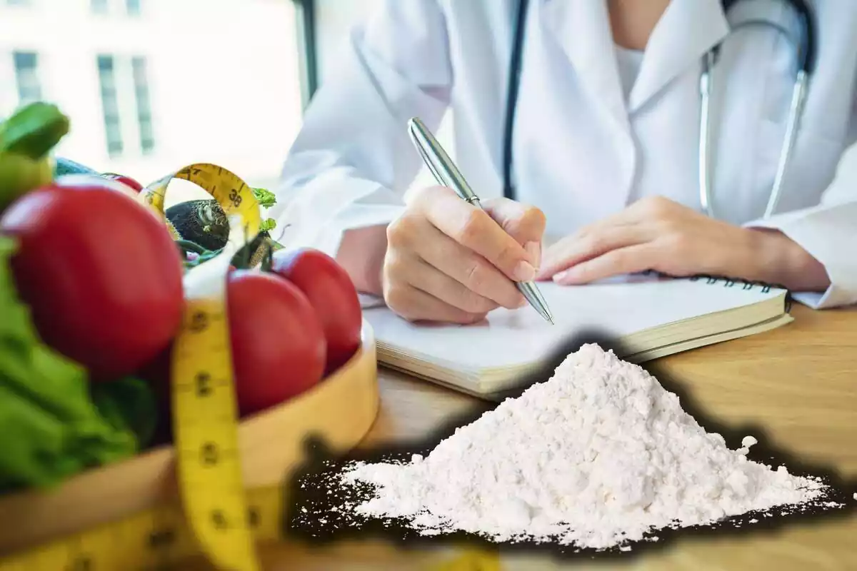 Montaje de un nutricionista escribiendo en una libreta con alimentos encima de la mesa y harina refinada con sombreado negro