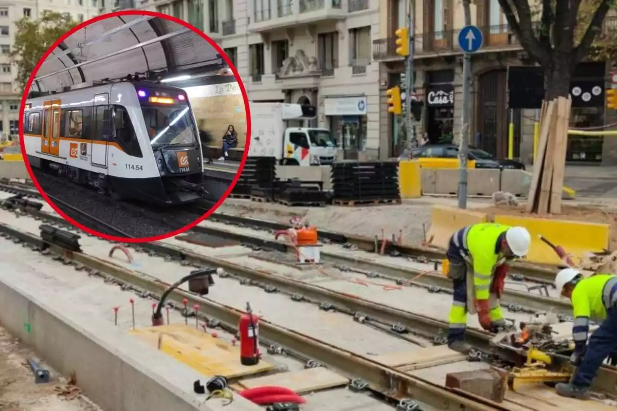 Montaje de unas obras en el centro de Barcelona y un tren