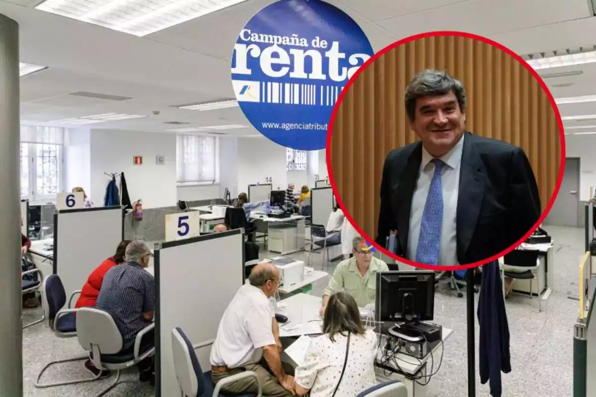 Montaje con una oficina de la Agencia Tributaria y el ministro José Luis Escrivá sonriendo