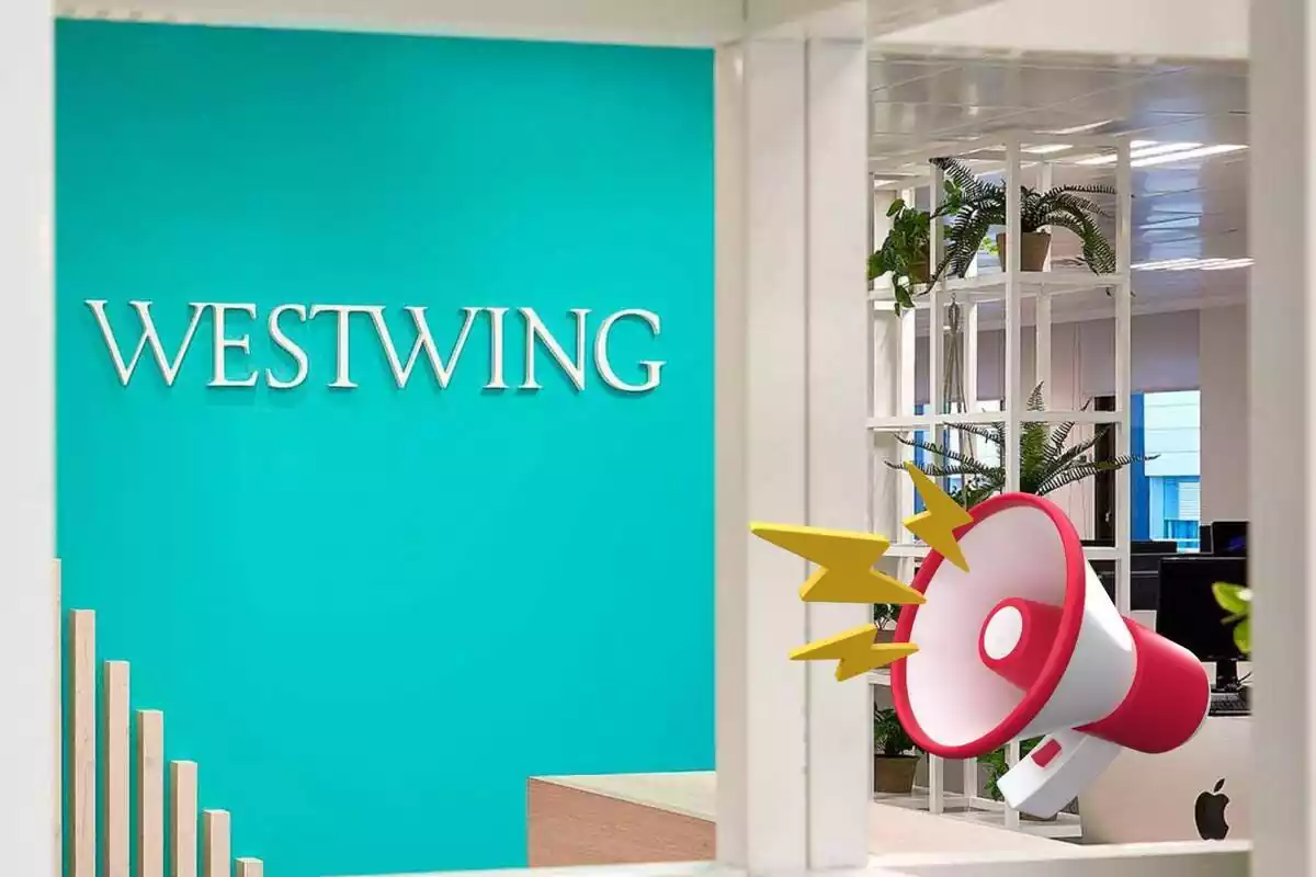 Montaje de las oficinas de Westwing con el nombre en letras blancas y un megáfono con rayos